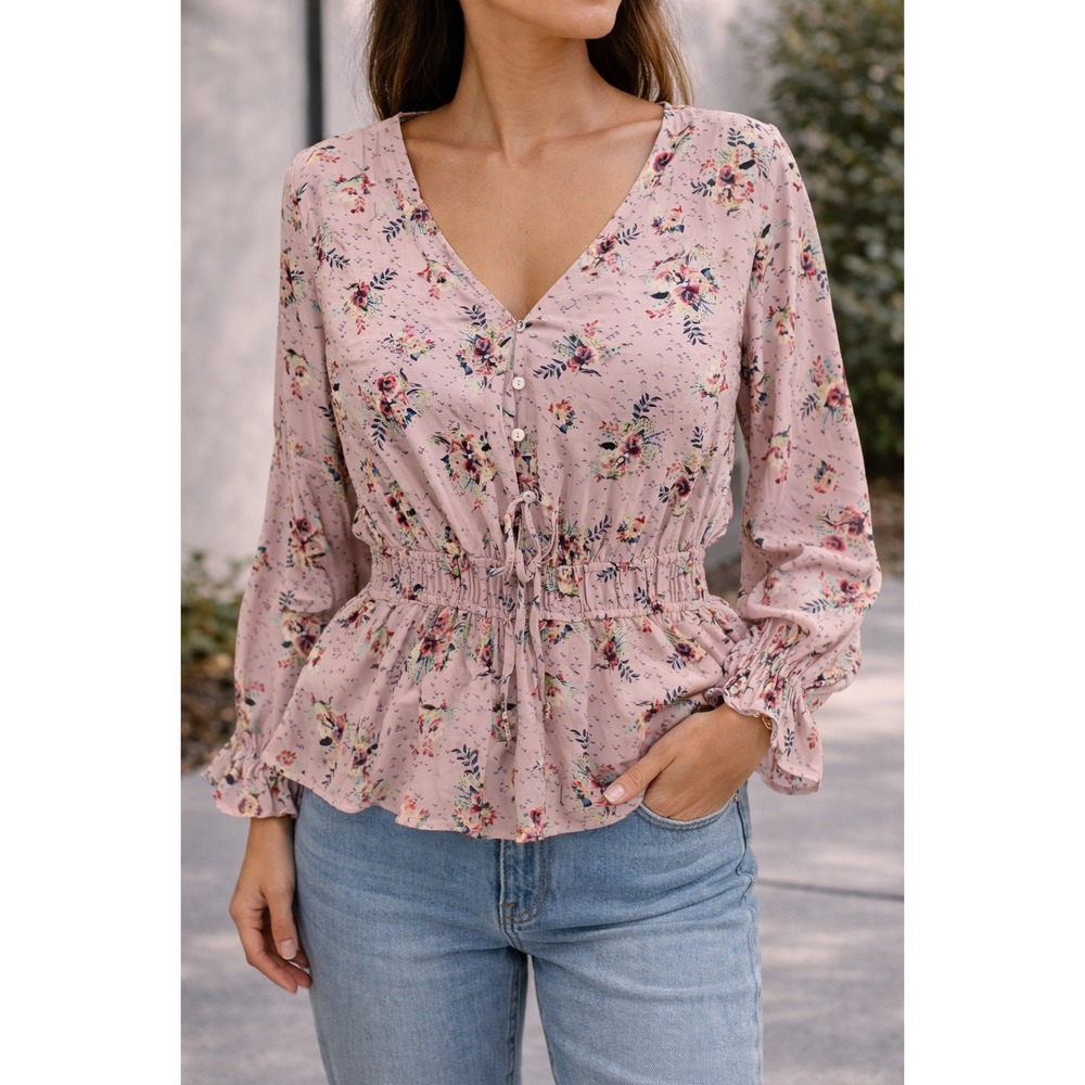 Sacred Threads Womens Floral Peplum Blouse Mauve Pink V-Neck Button Front OS NWT